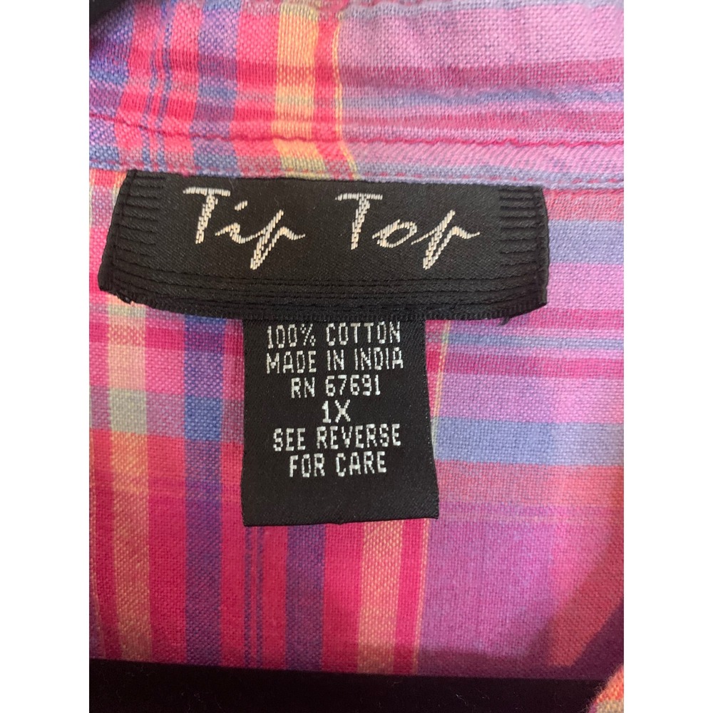 Vintage Tip Top Plaid Button Down Shirt Women's 1X Cotton Purple Pink 90s Y2K - Picture 2 of 6